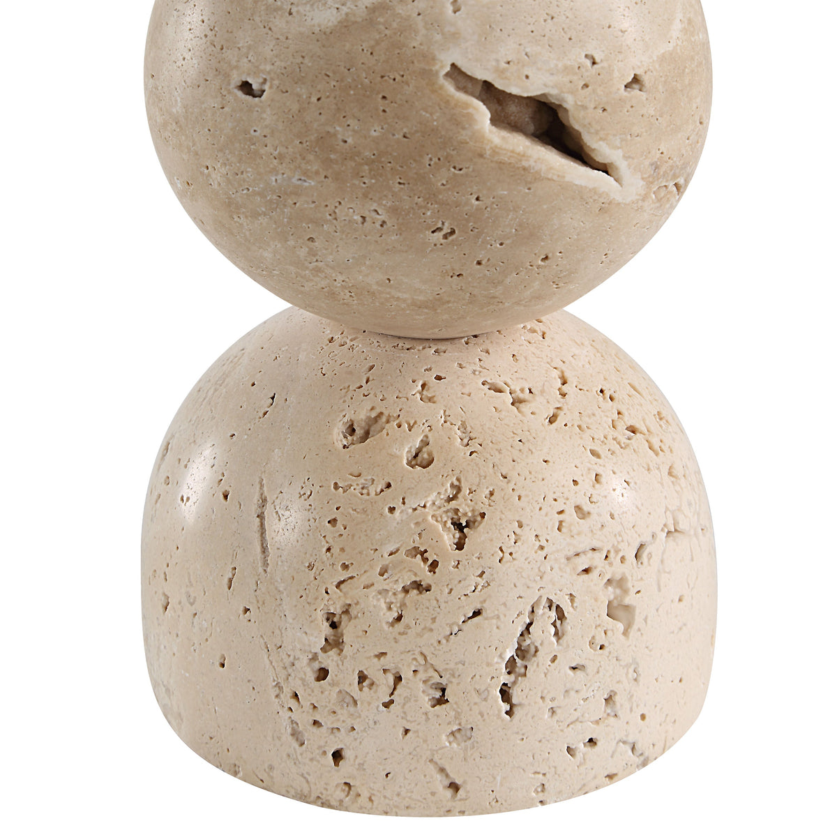 Amarena candleholders by Renwil, travertine, stacked bobbin form