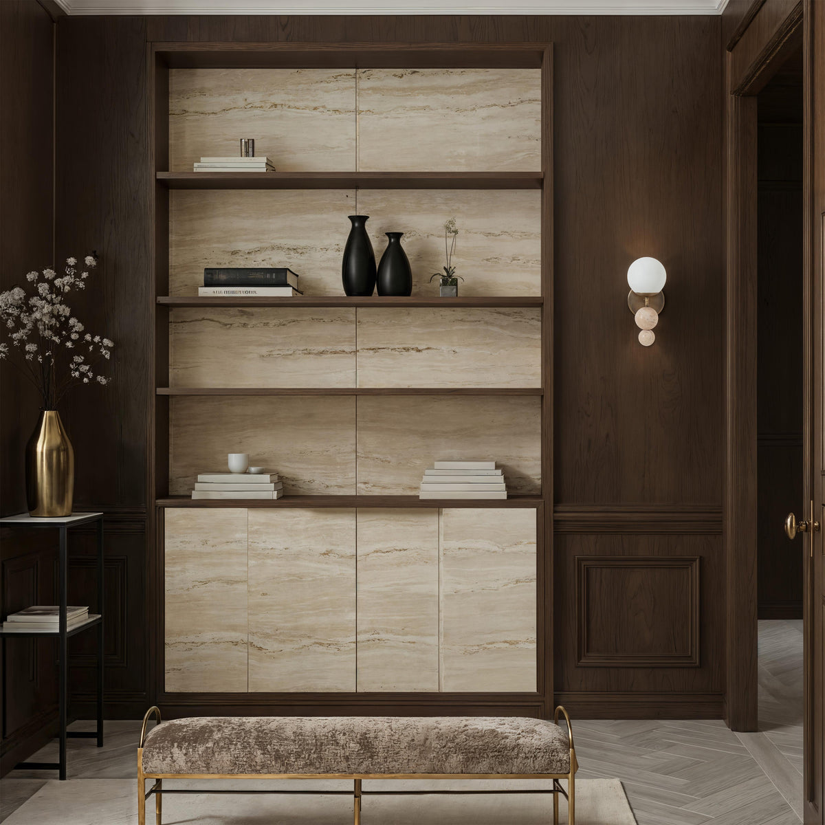 Celestia wall sconce by Renwil, travertine, matte antique brass finish