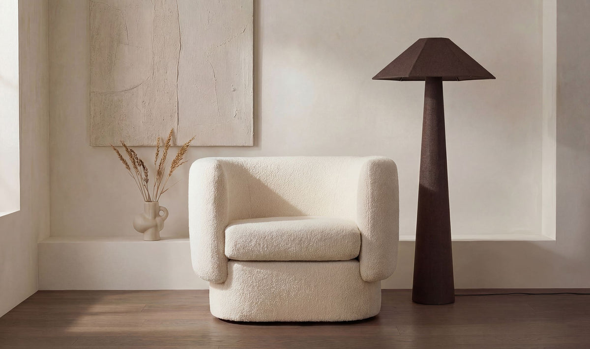 Gigi floor lamp by Moe's Home Collection, dark brown ceramic base, tapered shade