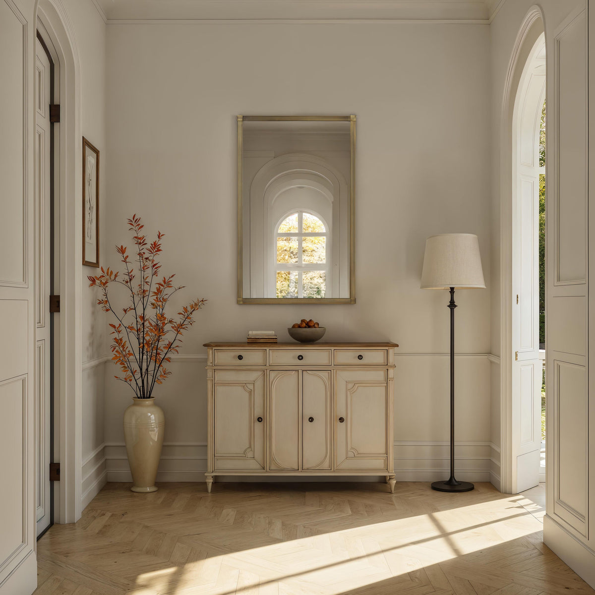 Khaya wall mirror by Renwil, iron, dark antique brushed brass finish