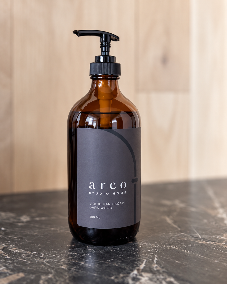 Dark Wood Liquid Hand Soap, 500 mL amber glass pump bottle