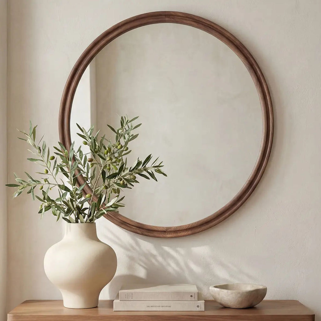 Alcott large round wall mirror by Moe's Home Collection, solid wood, hand-rubbed oil finish