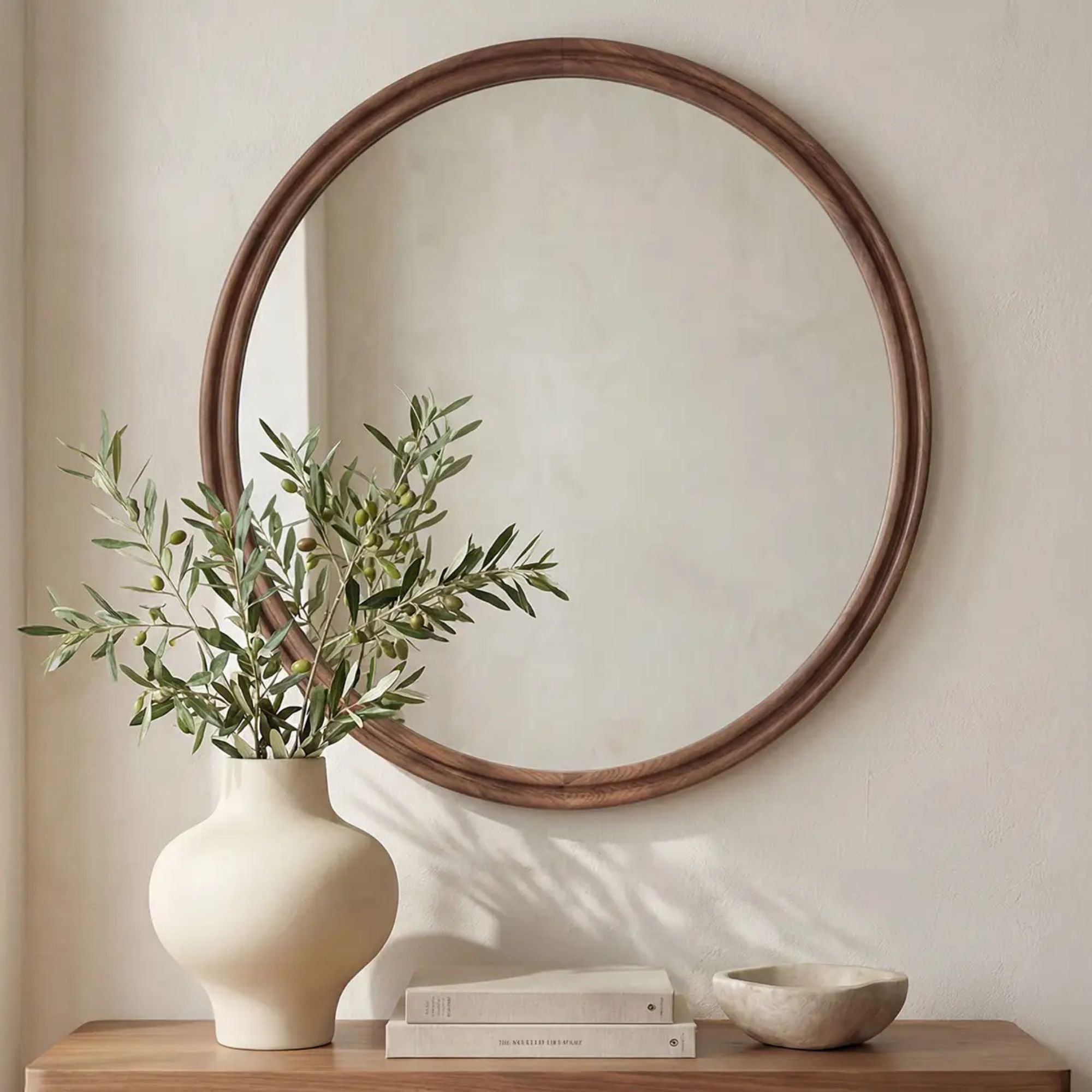 Alcott large round wall mirror by Moe's Home Collection, solid wood, hand-rubbed oil finish