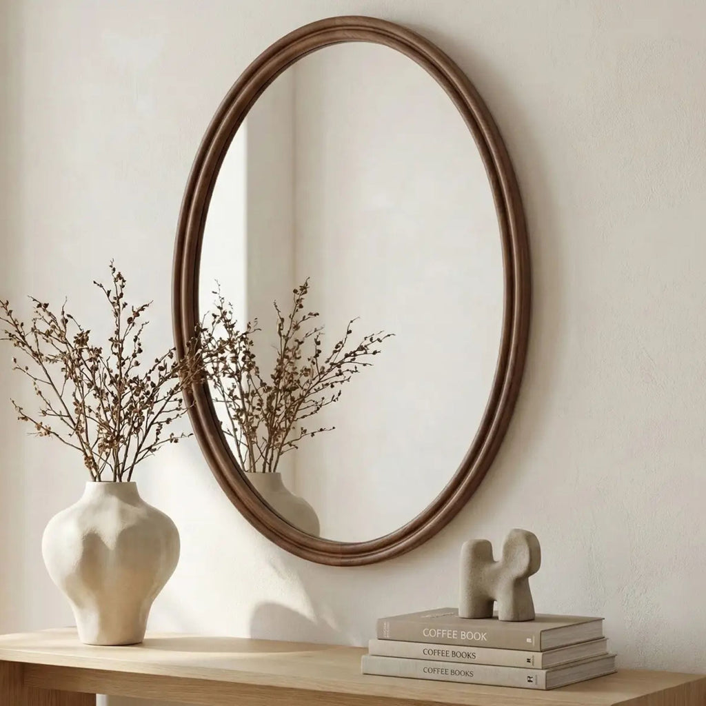 Alcott oval wall mirror by Moe's Home Collection, solid walnut, hand-rubbed oil finish