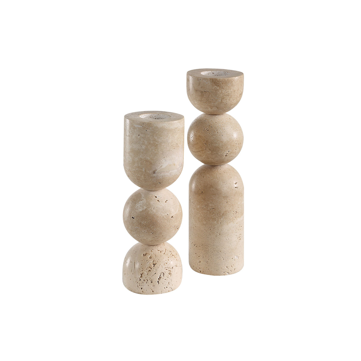 Amarena candleholders by Renwil, travertine, stacked bobbin form