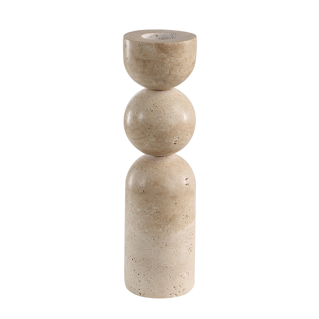 Amarena candleholders by Renwil, travertine, stacked bobbin form