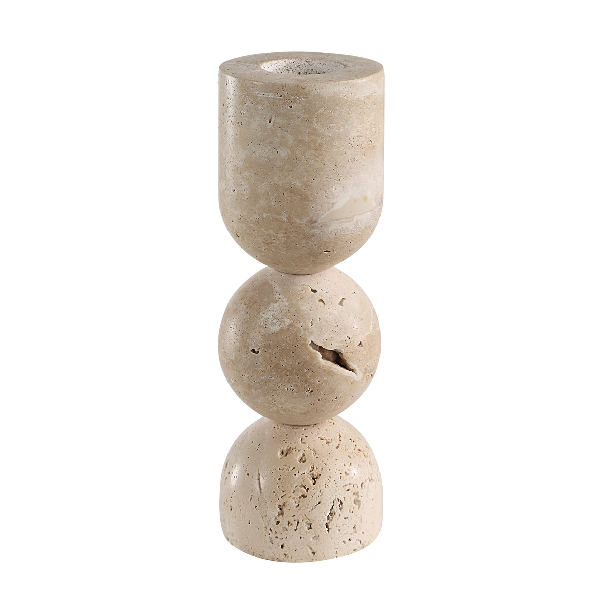 Amarena candleholders by Renwil, travertine, stacked bobbin form