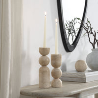 Amarena candleholders by Renwil, travertine, stacked bobbin form