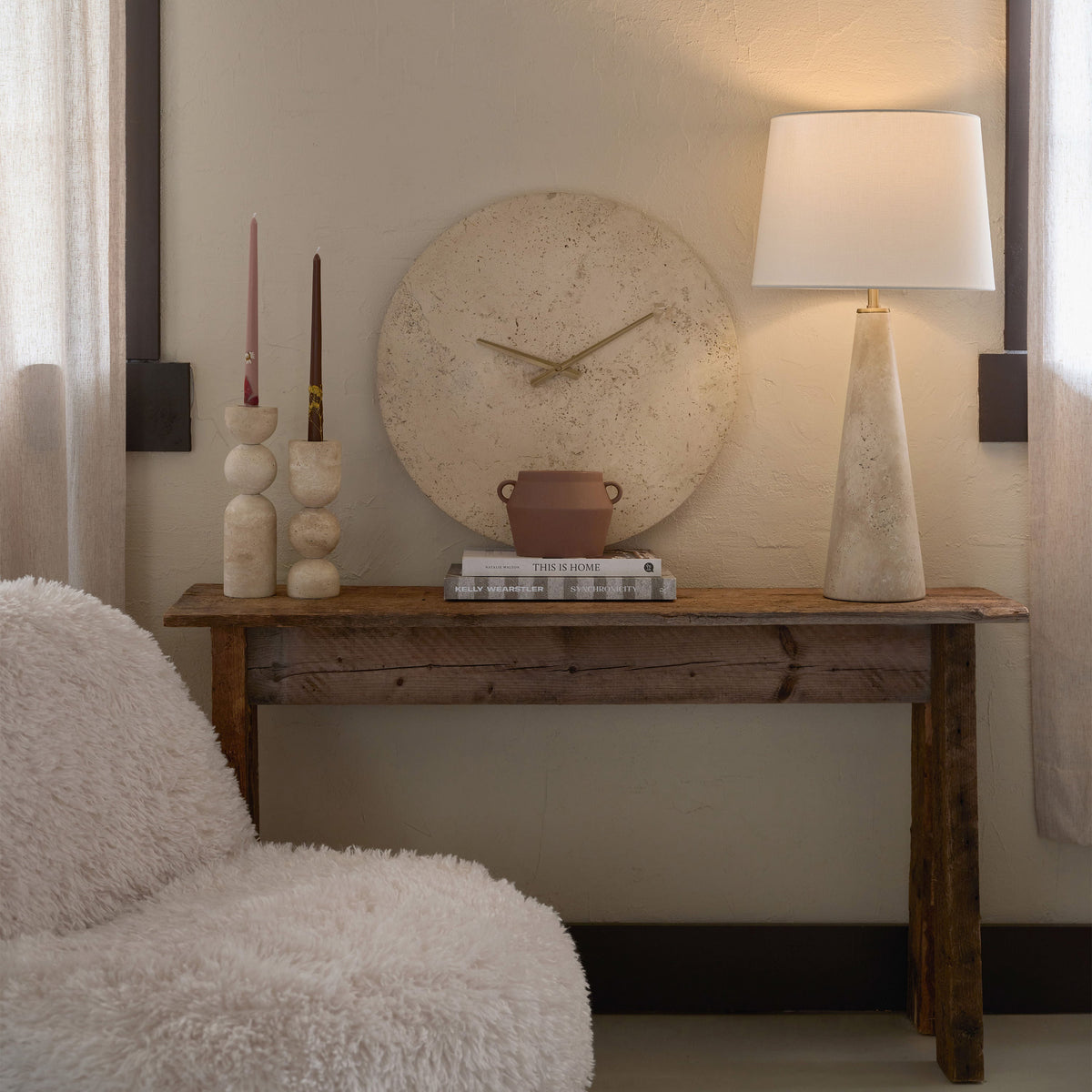 Amarena candleholders by Renwil, travertine, stacked bobbin form