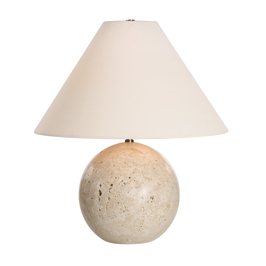 Assen table lamp by Renwil, travertine base, ivory linen shade, honed natural stone