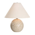 Assen table lamp by Renwil, travertine base, ivory linen shade, honed natural stone