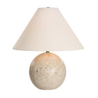 Assen table lamp by Renwil, travertine base, ivory linen shade, honed natural stone