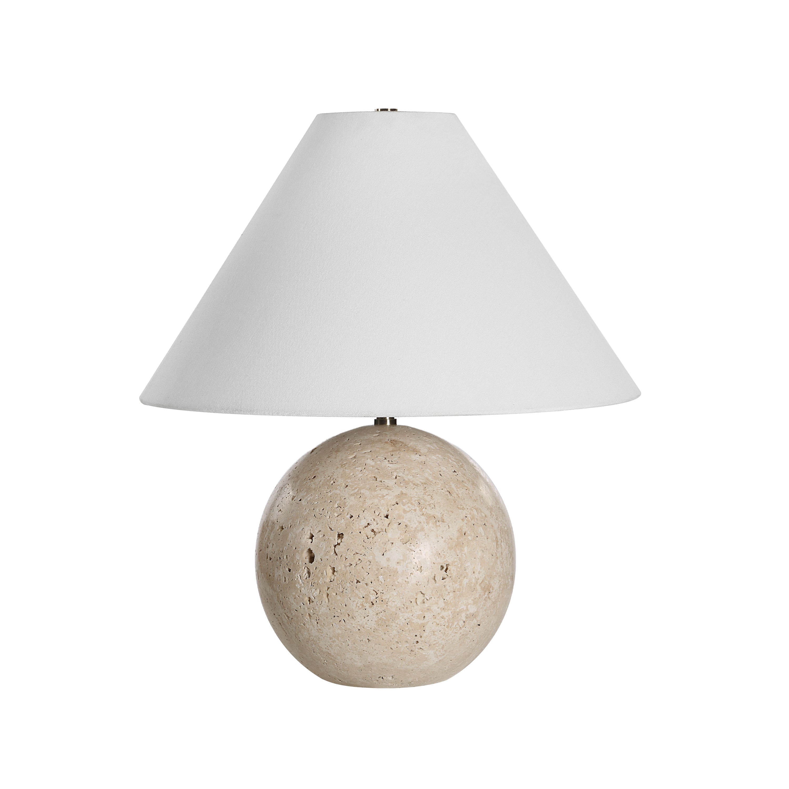 Assen table lamp by Renwil, travertine base, ivory linen shade, honed natural stone