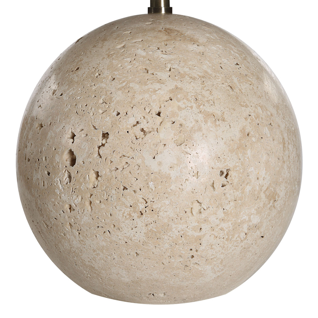 Assen table lamp by Renwil, travertine base, ivory linen shade, honed natural stone