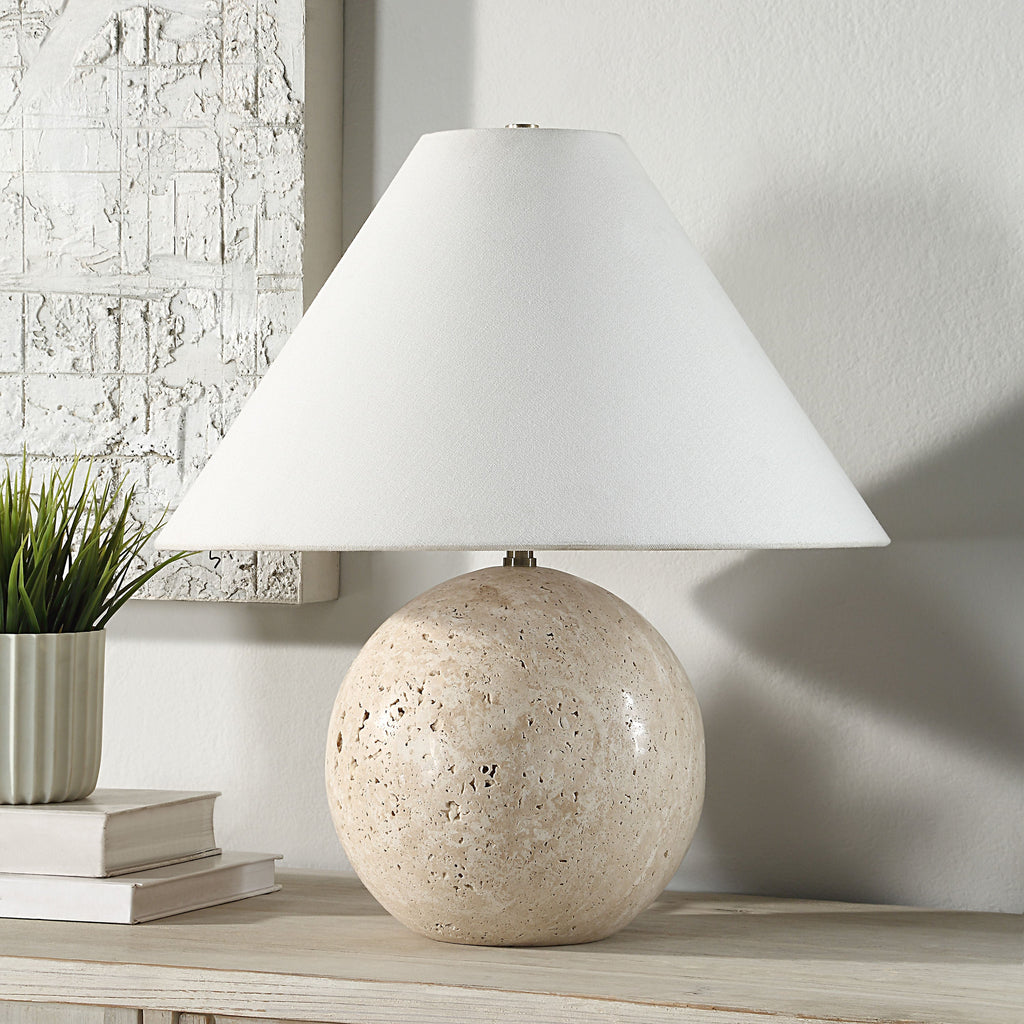 Assen table lamp by Renwil, travertine base, ivory linen shade, honed natural stone
