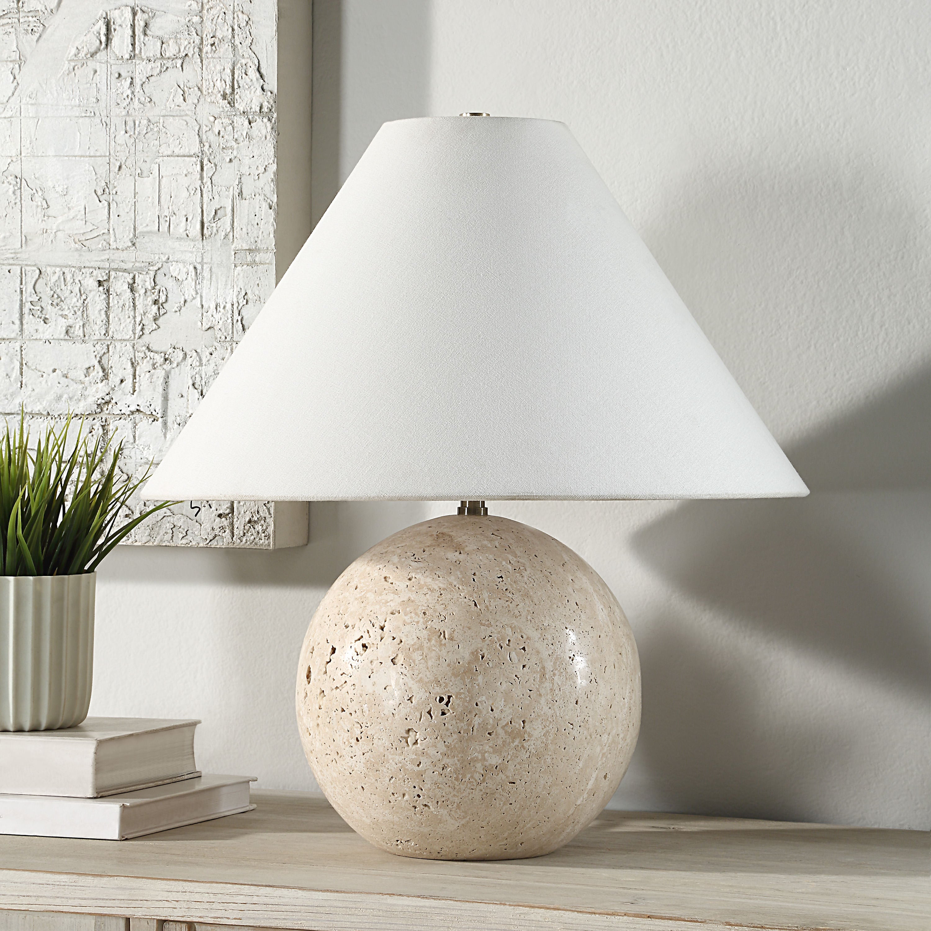 Assen table lamp by Renwil, travertine base, ivory linen shade, honed natural stone