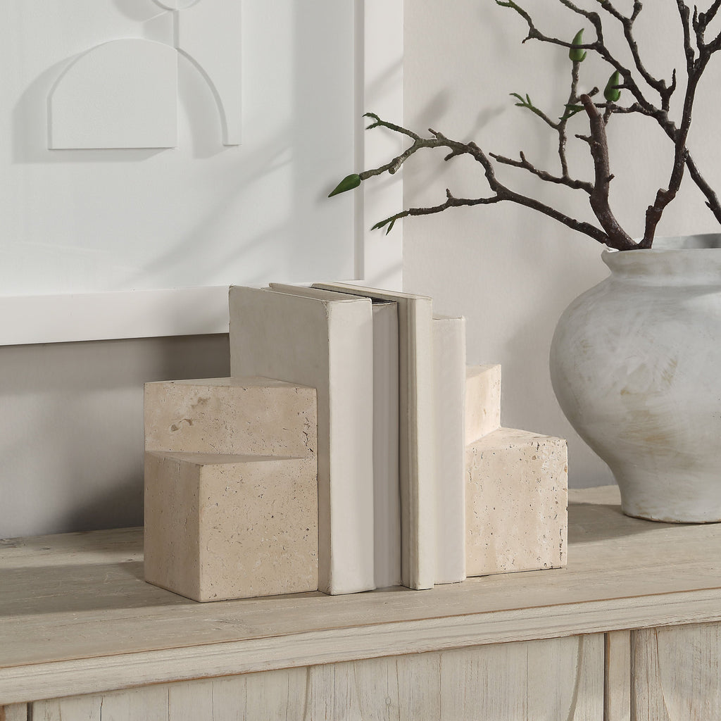 Attle bookends by Renwil, travertine, honed natural stone
