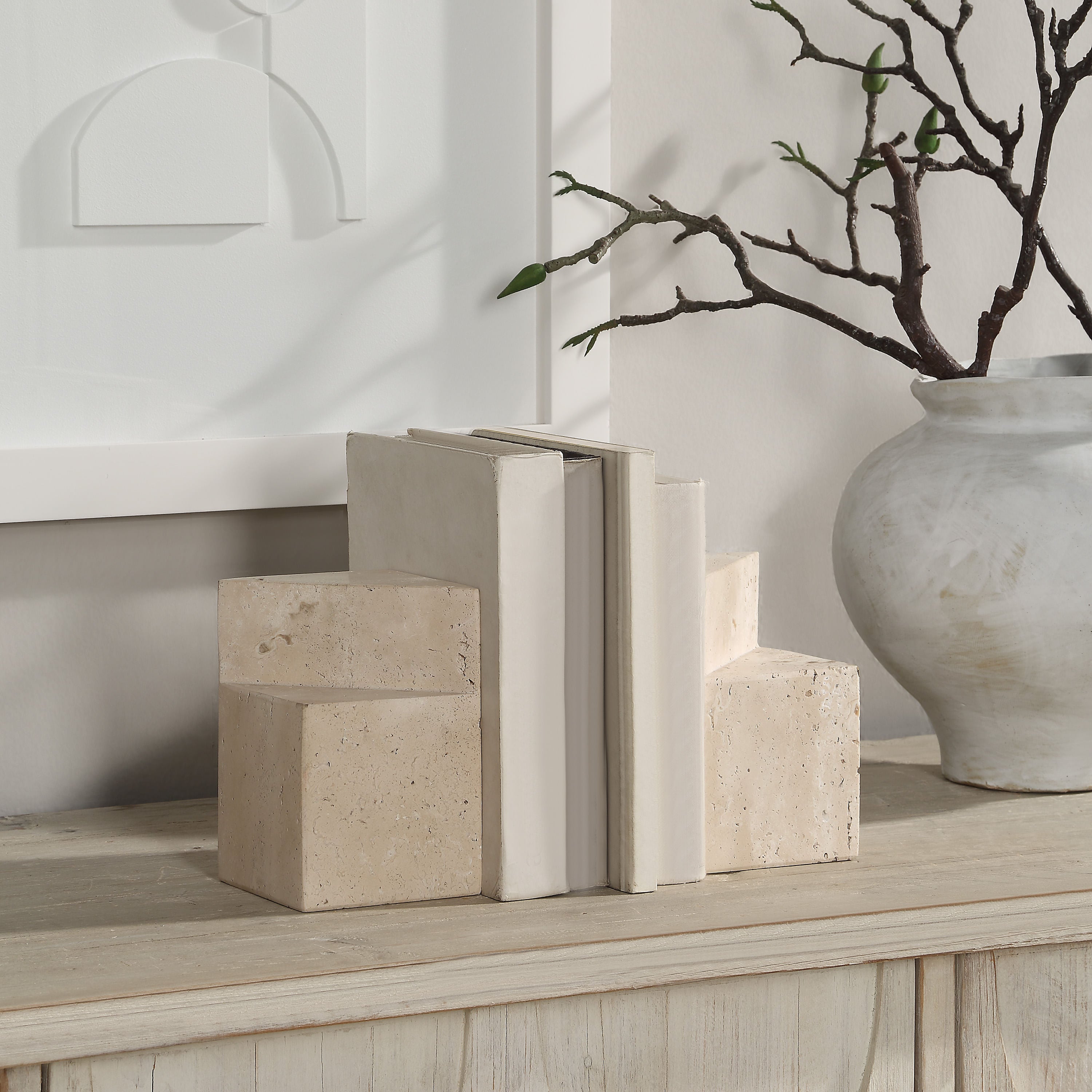 Attle bookends by Renwil, travertine, honed natural stone