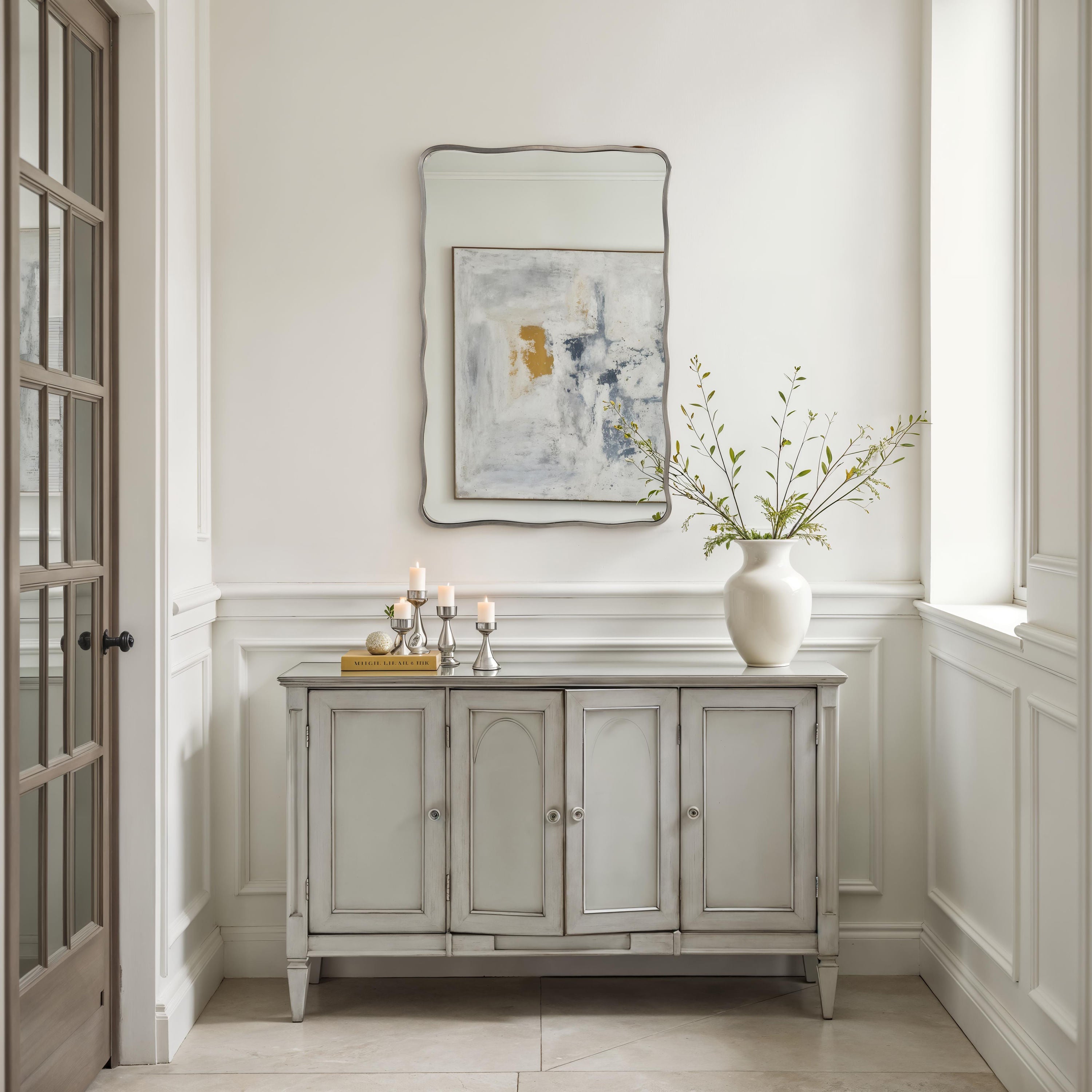 Balsa wall mirror by Renwil, iron, antique nickel finish