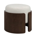 Capsula round boucle ottoman with dark walnut veneer cylinder base