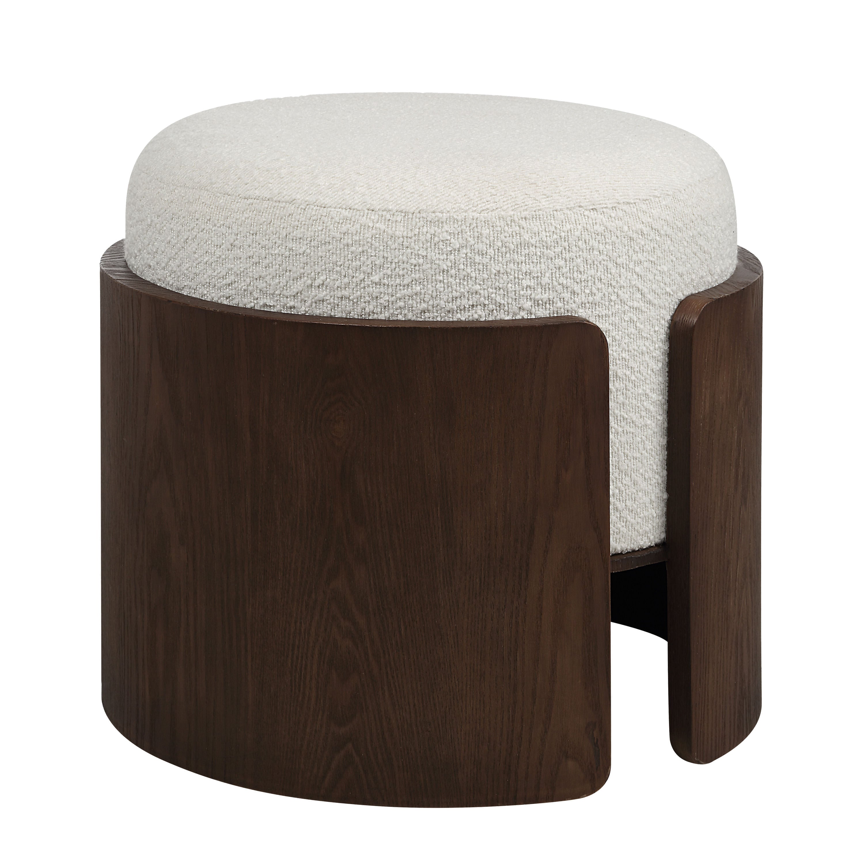 Capsula round boucle ottoman with dark walnut veneer cylinder base