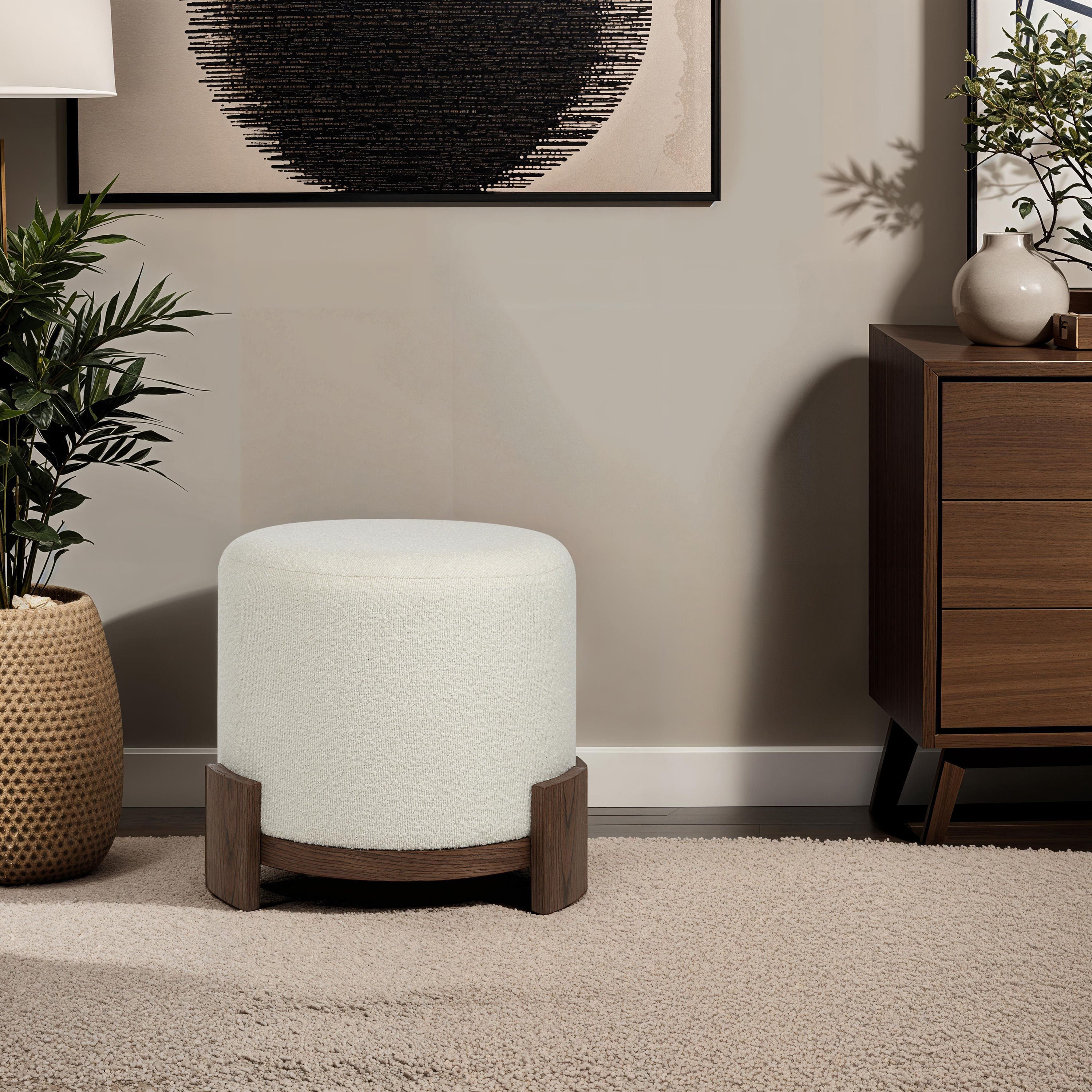 Chaves ottoman by Renwil, boucle, ivory finish