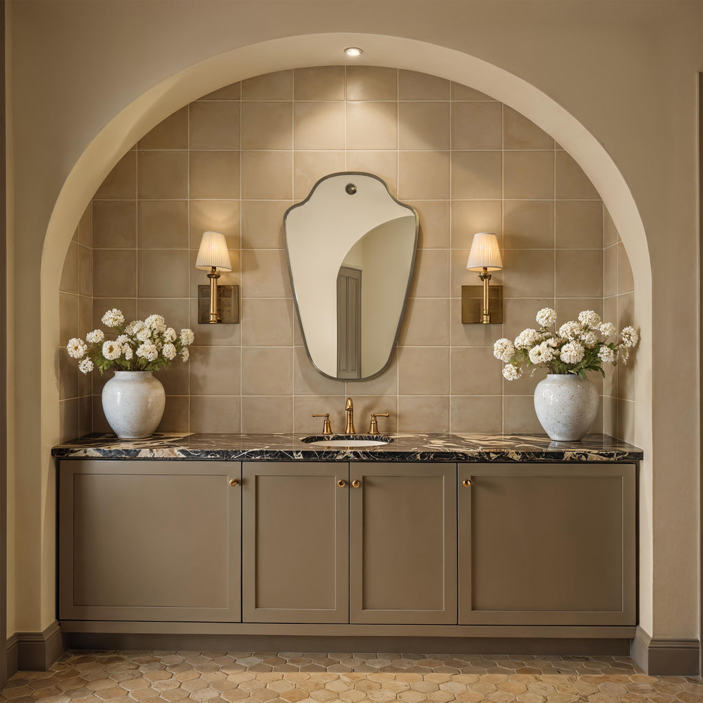 Elodie wall mirror by Renwil, iron, dark antique brushed brass finish