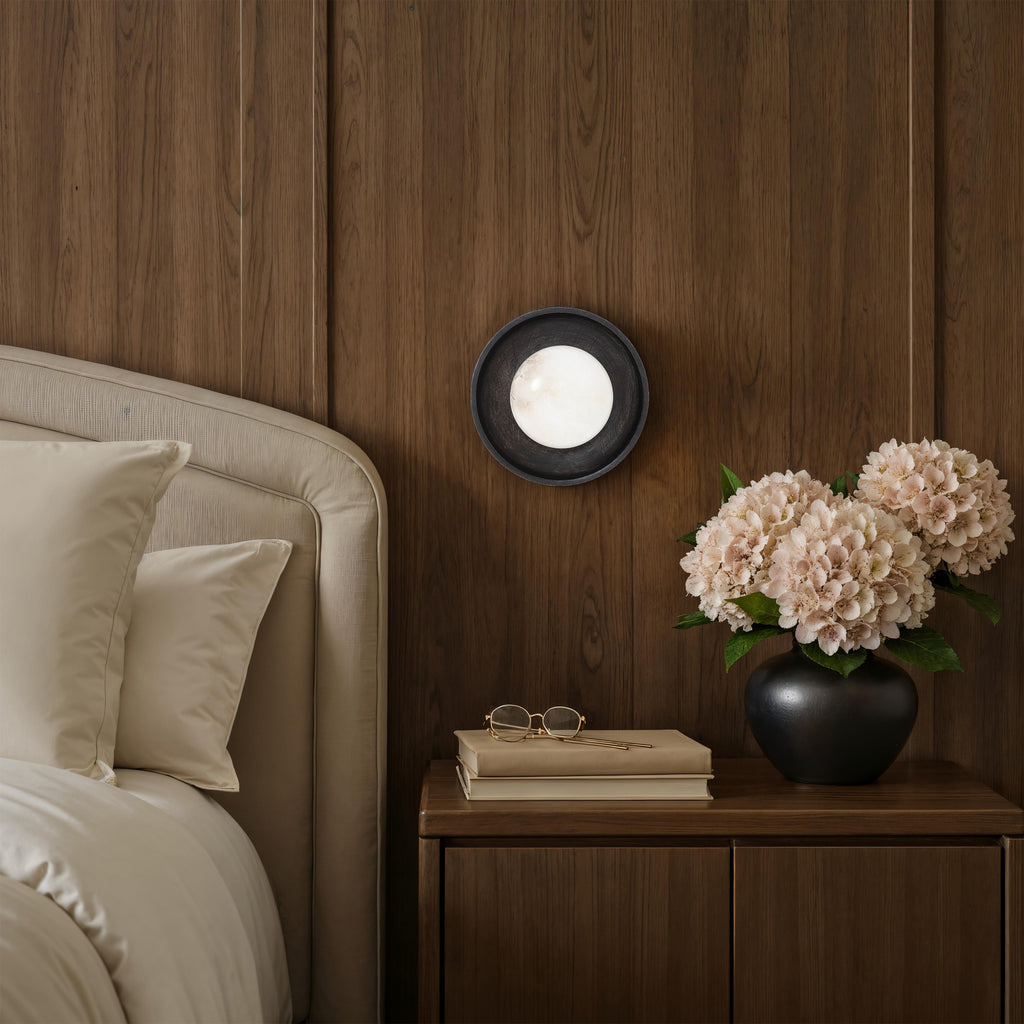 Haloa wall sconce by Renwil, mango wood, dark brown finish