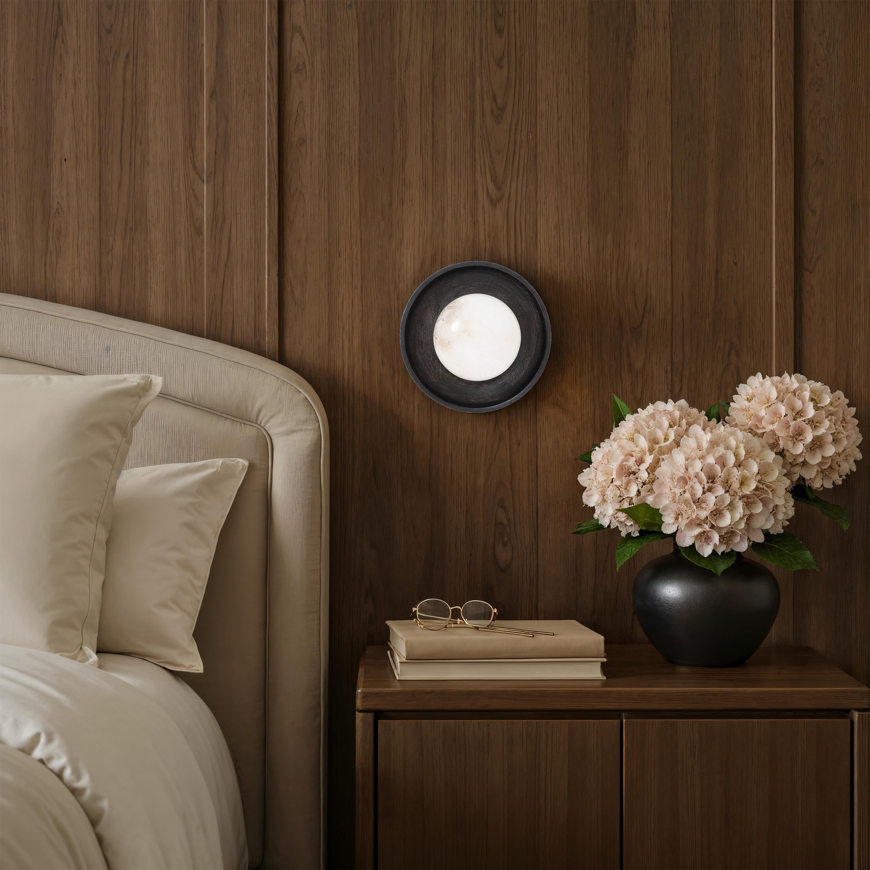 Haloa wall sconce by Renwil, mango wood, dark brown finish