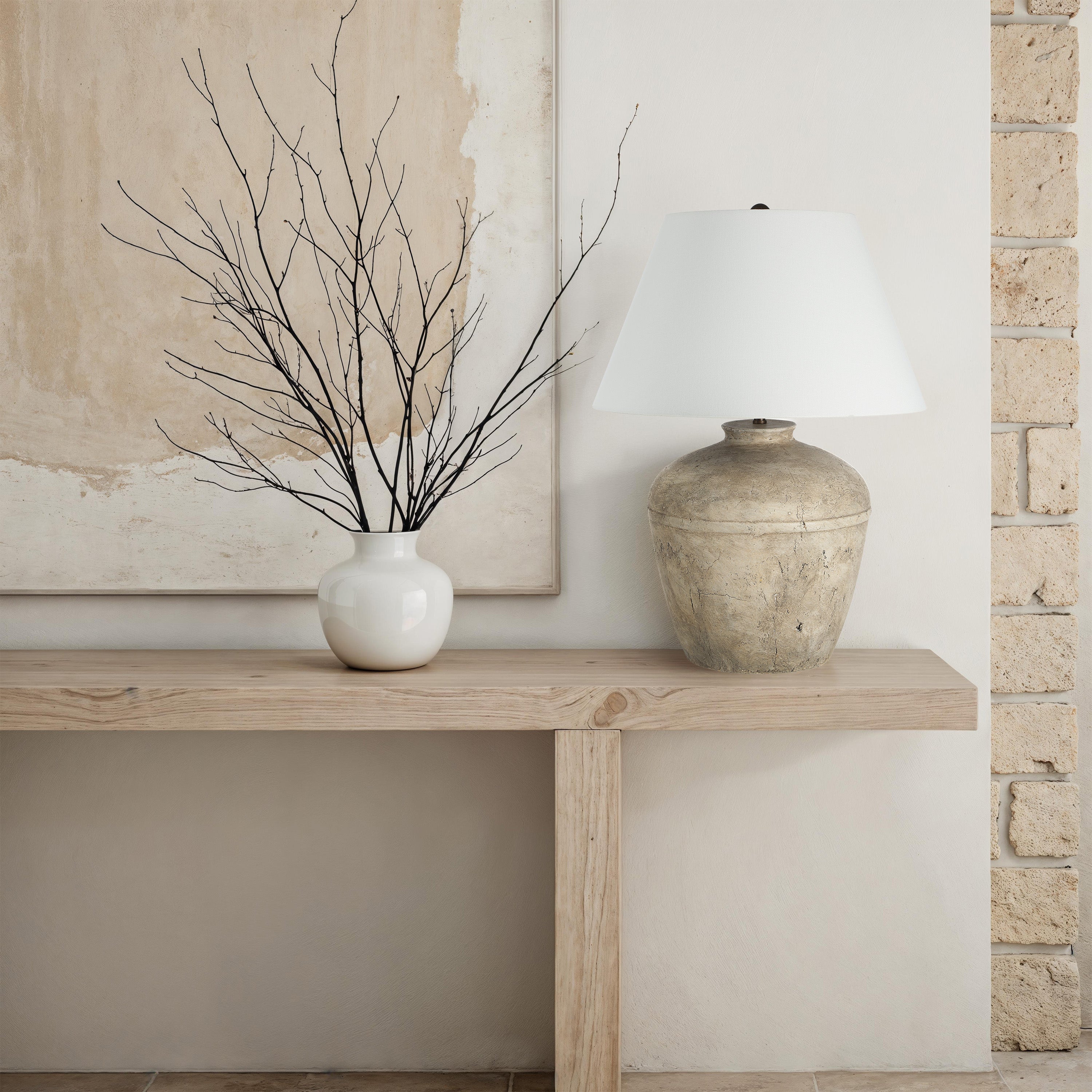 Heritage table lamp by Renwil, ceramic, distressed brown and beige