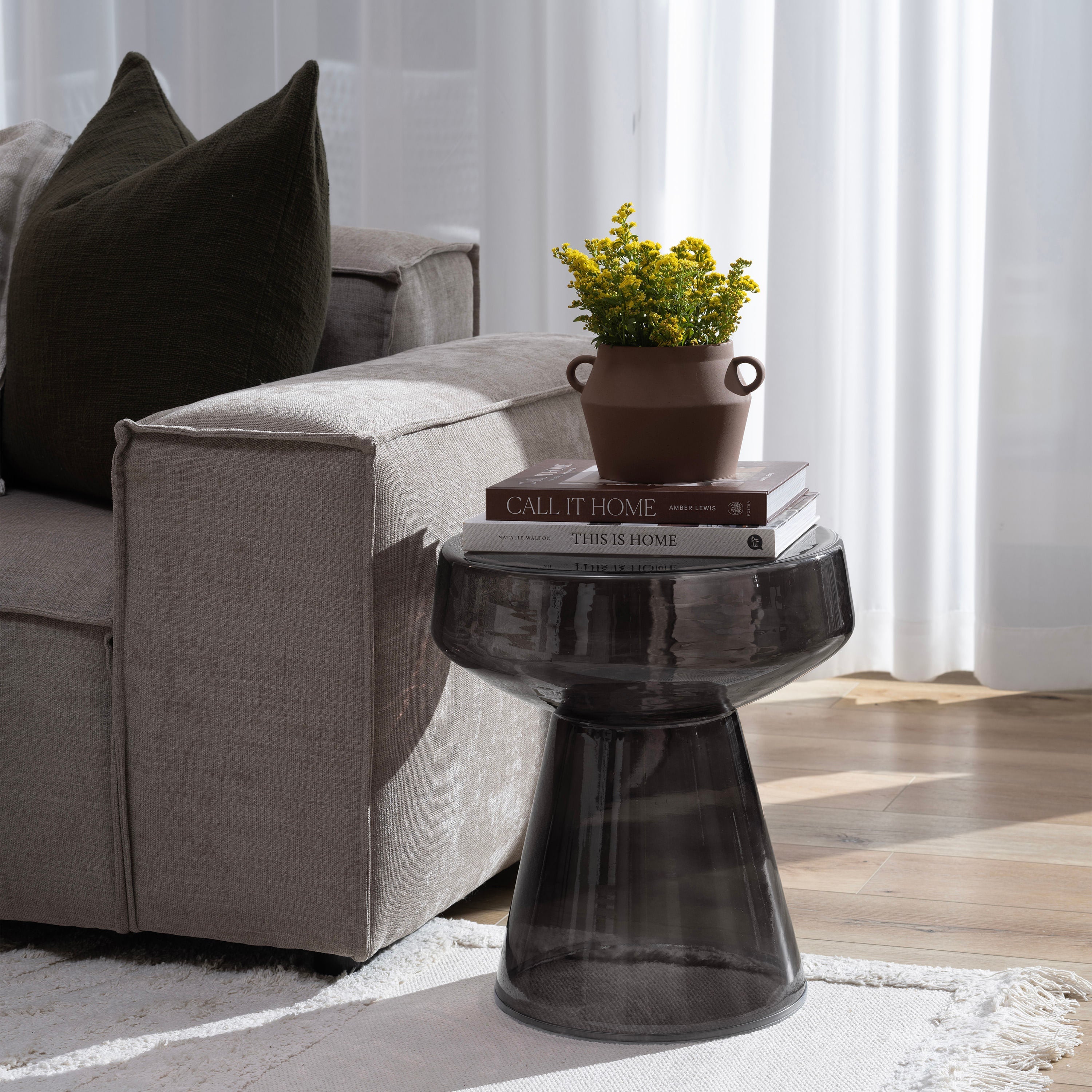 Lavinia accent table by Renwil, glass, matte black finish