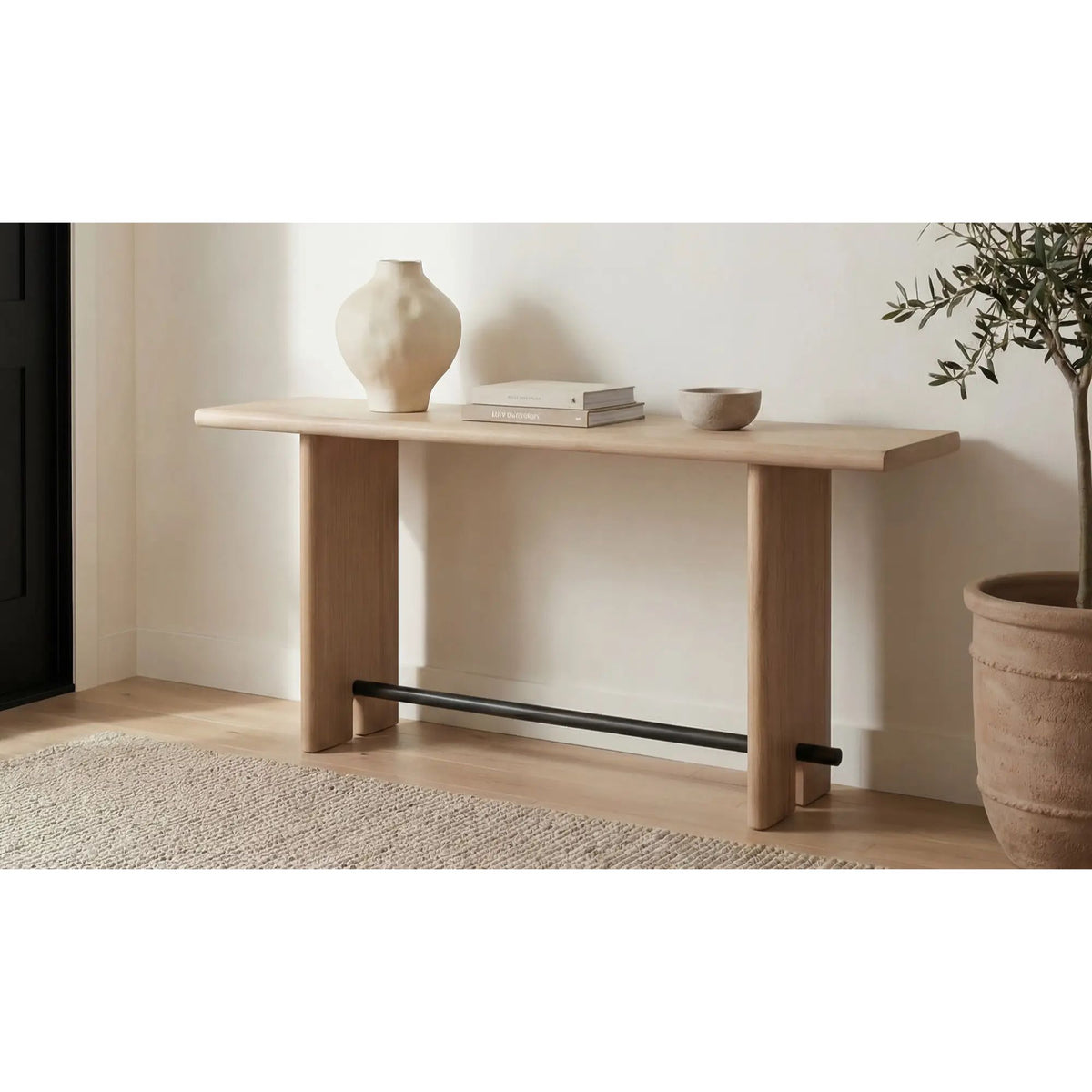Madison console table by Moe's Home Collection, natural solid wood, plinth base
