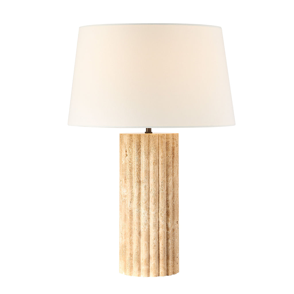 Milena table lamp by Renwil, travertine column base, ivory linen shade, fluted stone
