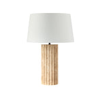 Milena table lamp by Renwil, travertine column base, ivory linen shade, fluted stone