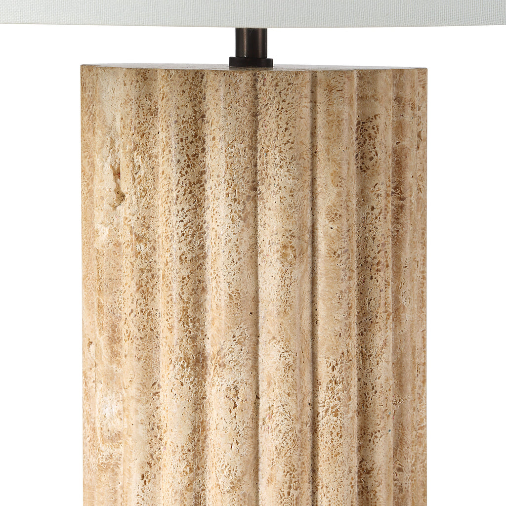 Milena table lamp by Renwil, travertine column base, ivory linen shade, fluted stone