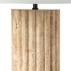 Milena table lamp by Renwil, travertine column base, ivory linen shade, fluted stone