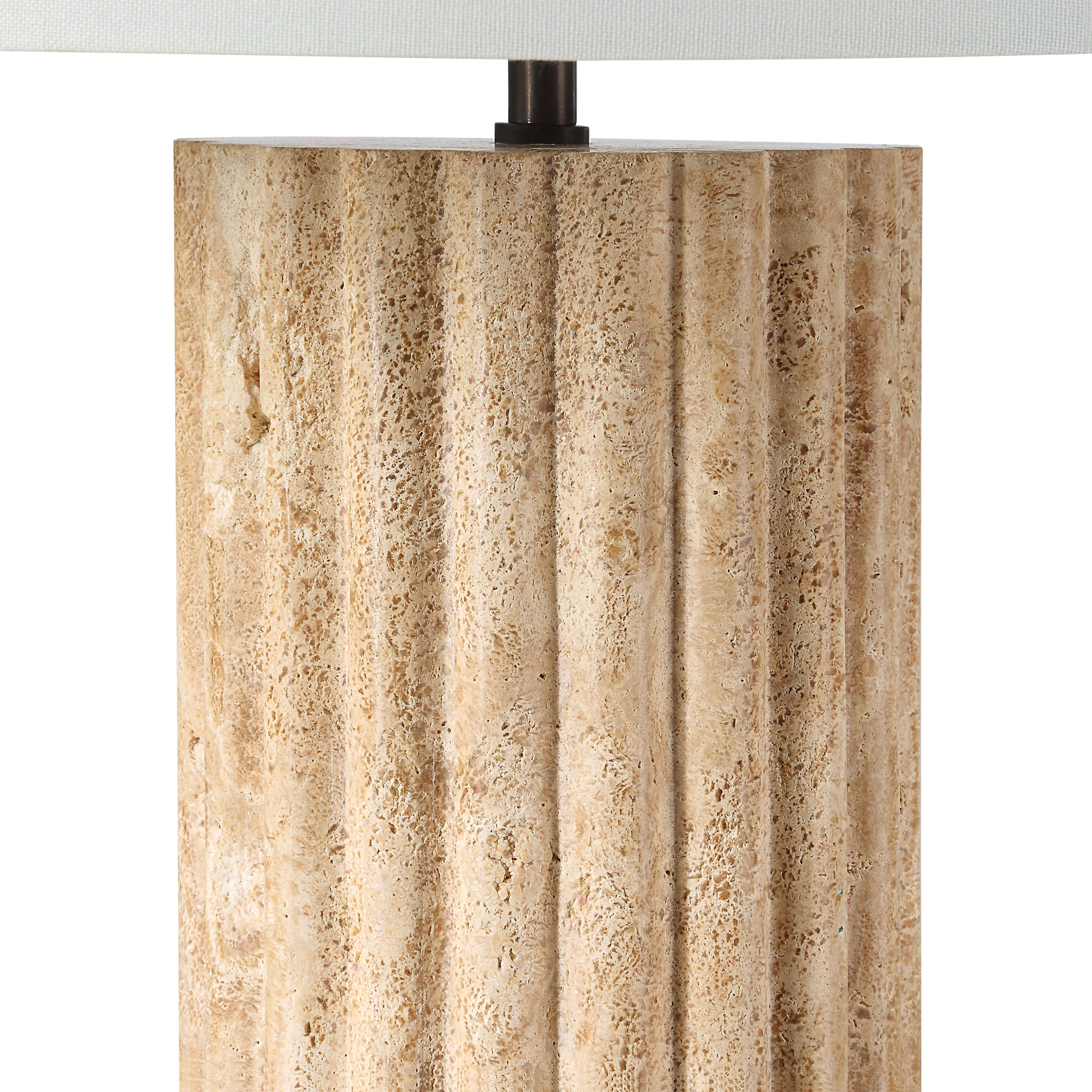 Milena table lamp by Renwil, travertine column base, ivory linen shade, fluted stone