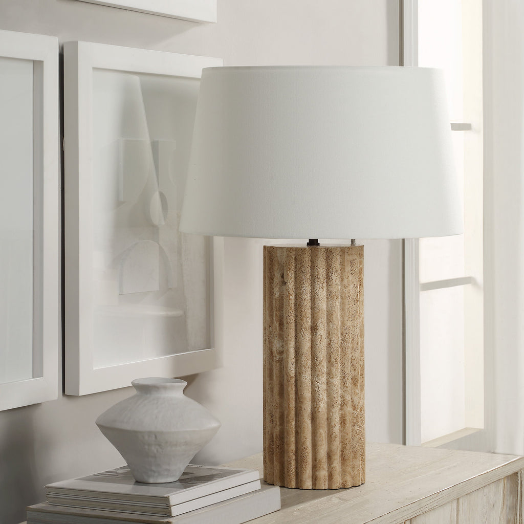 Milena table lamp by Renwil, travertine column base, ivory linen shade, fluted stone
