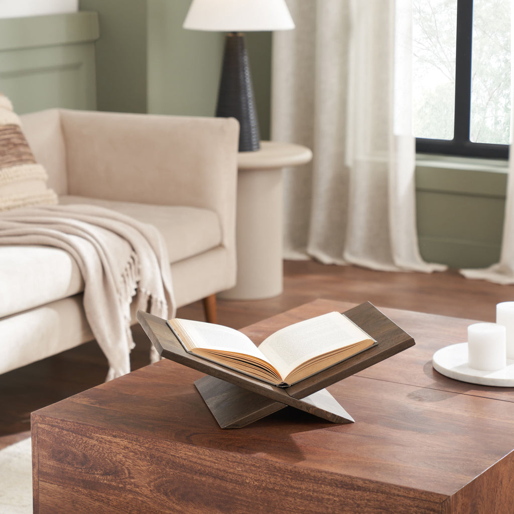 Ocra book holder by Renwil, mango wood, walnut finish