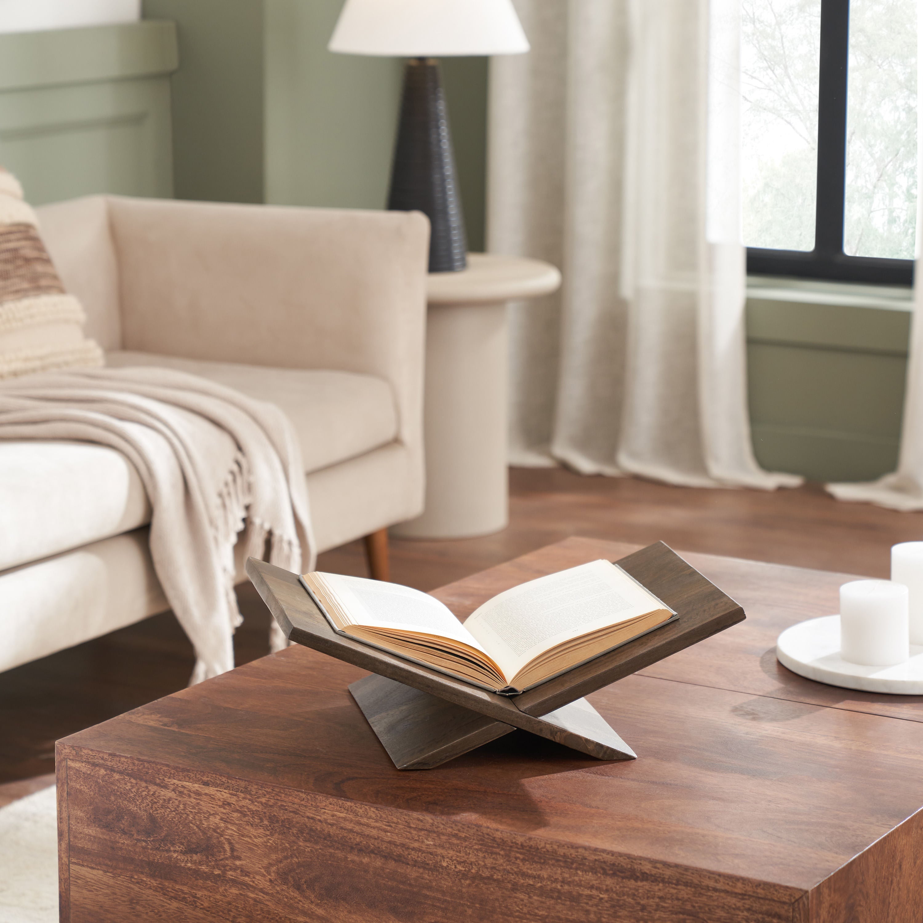 Ocra book holder by Renwil, mango wood, walnut finish