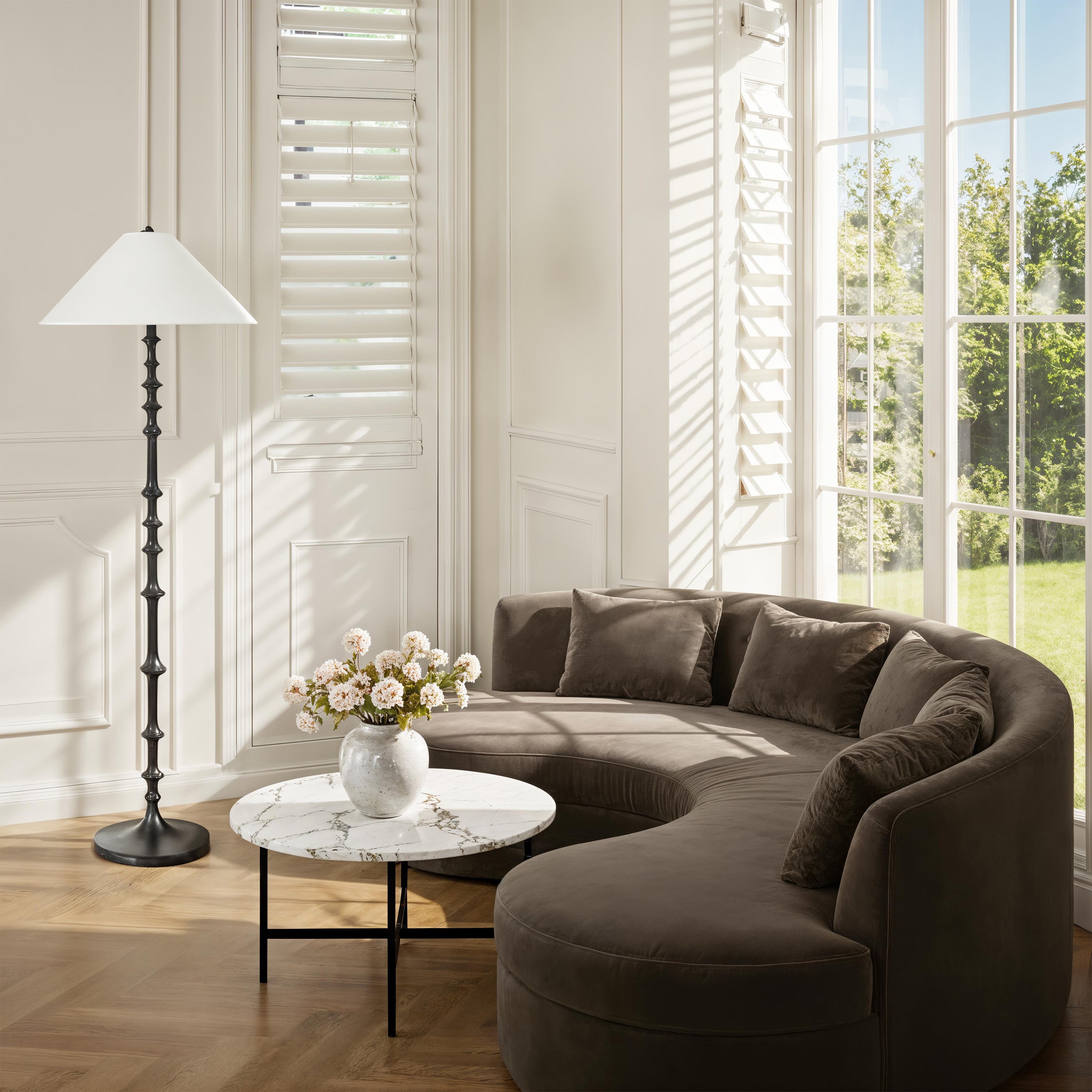 Petrus floor lamp by Renwil, cast aluminum, matte black finish