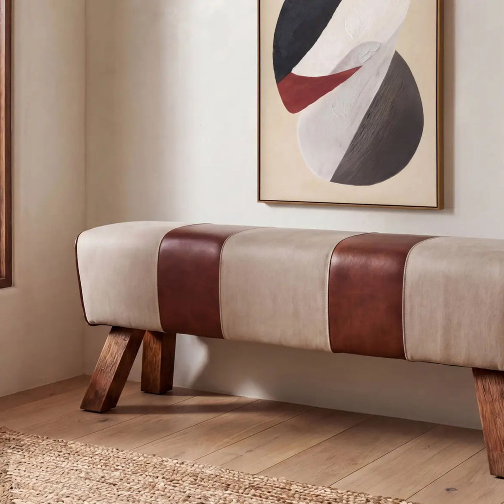 Pommel bench by Moe's Home Collection, upholstered performance fabric, natural wood base