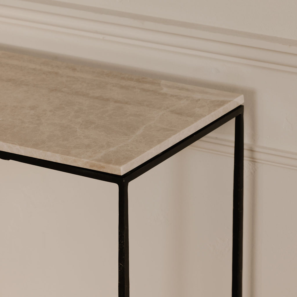 River console table by Moe's Home Collection, Botticino marble top, warm beige gold veining