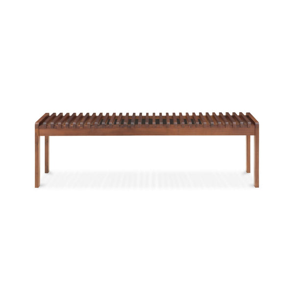 Rohe bench by Moe's Home Collection, solid walnut, rail-and-leg silhouette
