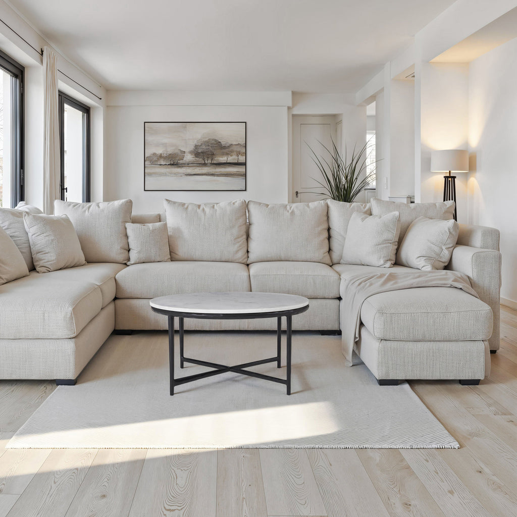 Rowena coffee table by Renwil, banswara marble, cast aluminum base