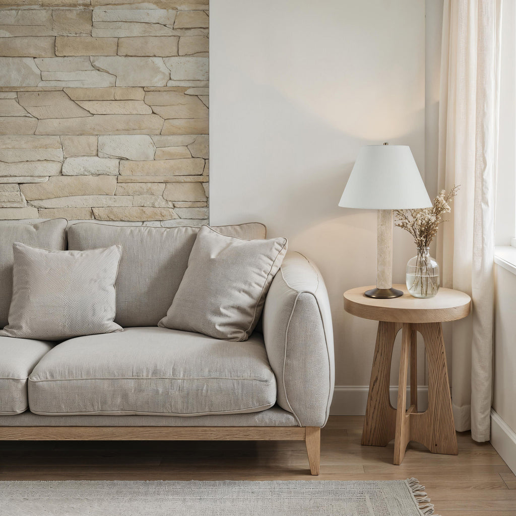 Tamara table lamp by Renwil, travertine base, natural stone