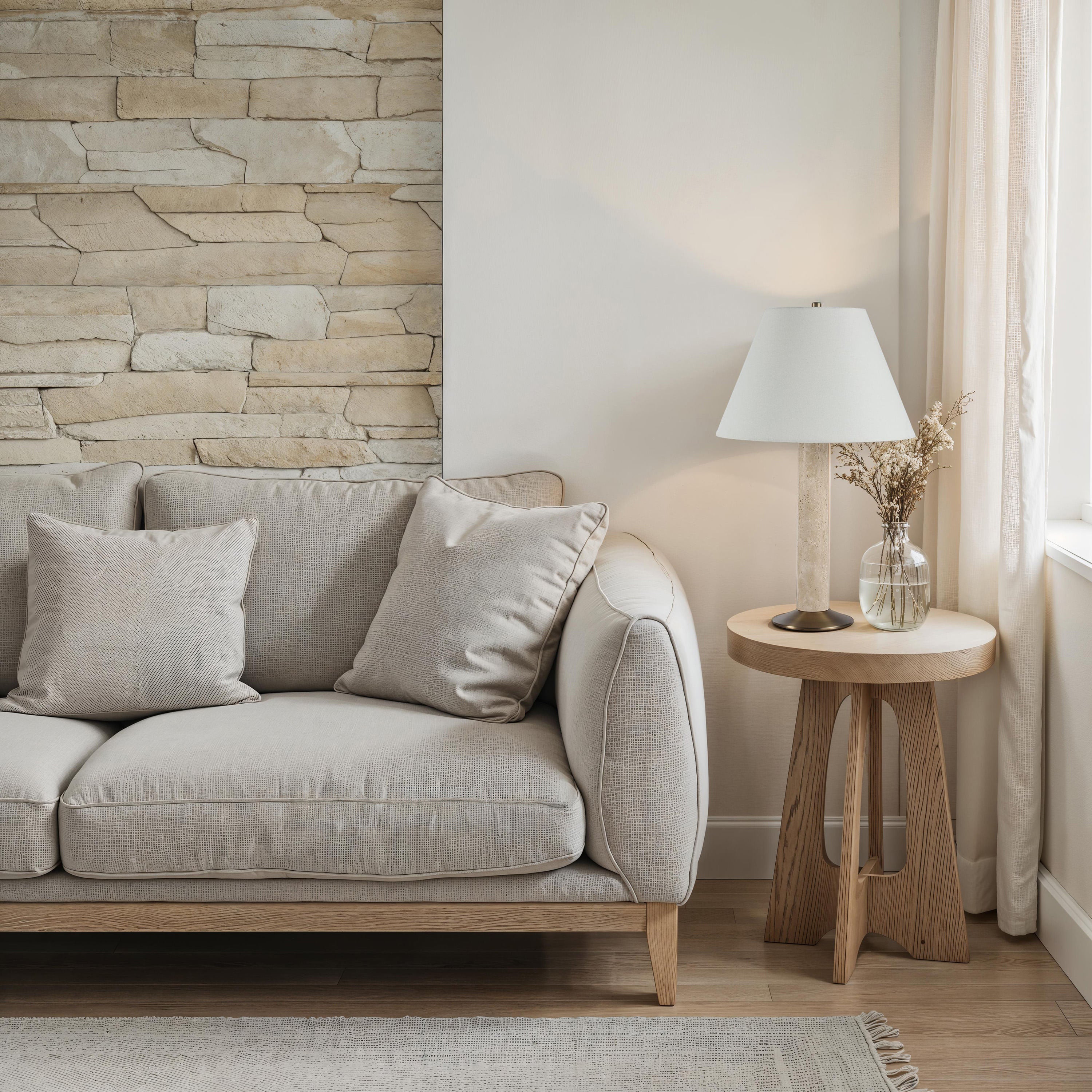 Tamara table lamp by Renwil, travertine base, natural stone