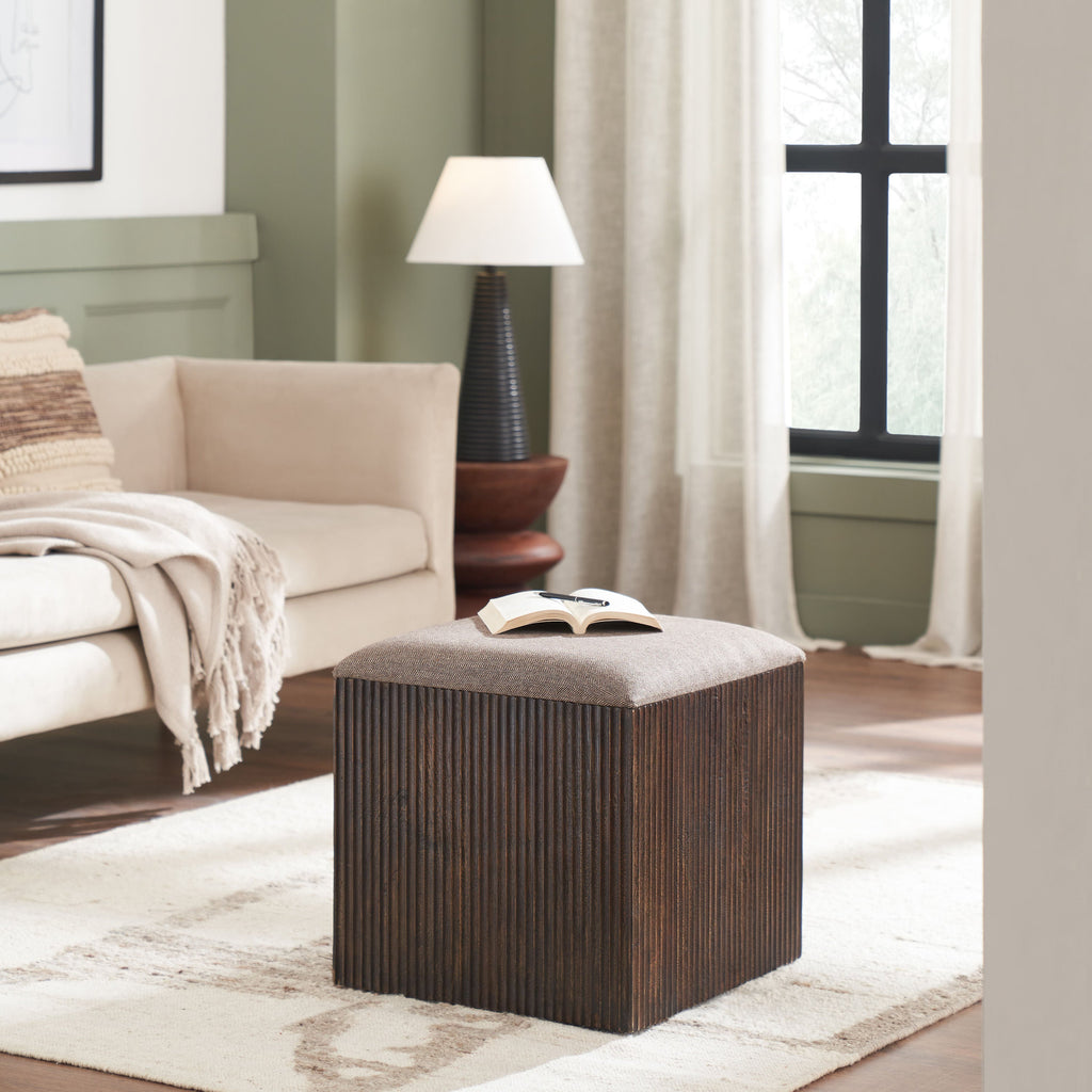 Tristan stool by Renwil, mango wood, walnut finish, woven seat