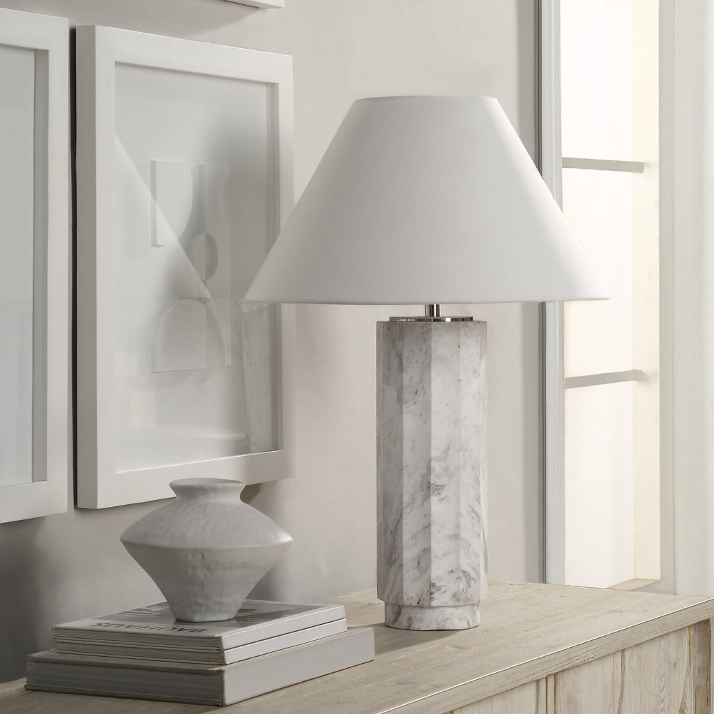Veda table lamp by Renwil, volakas marble base, solid stone