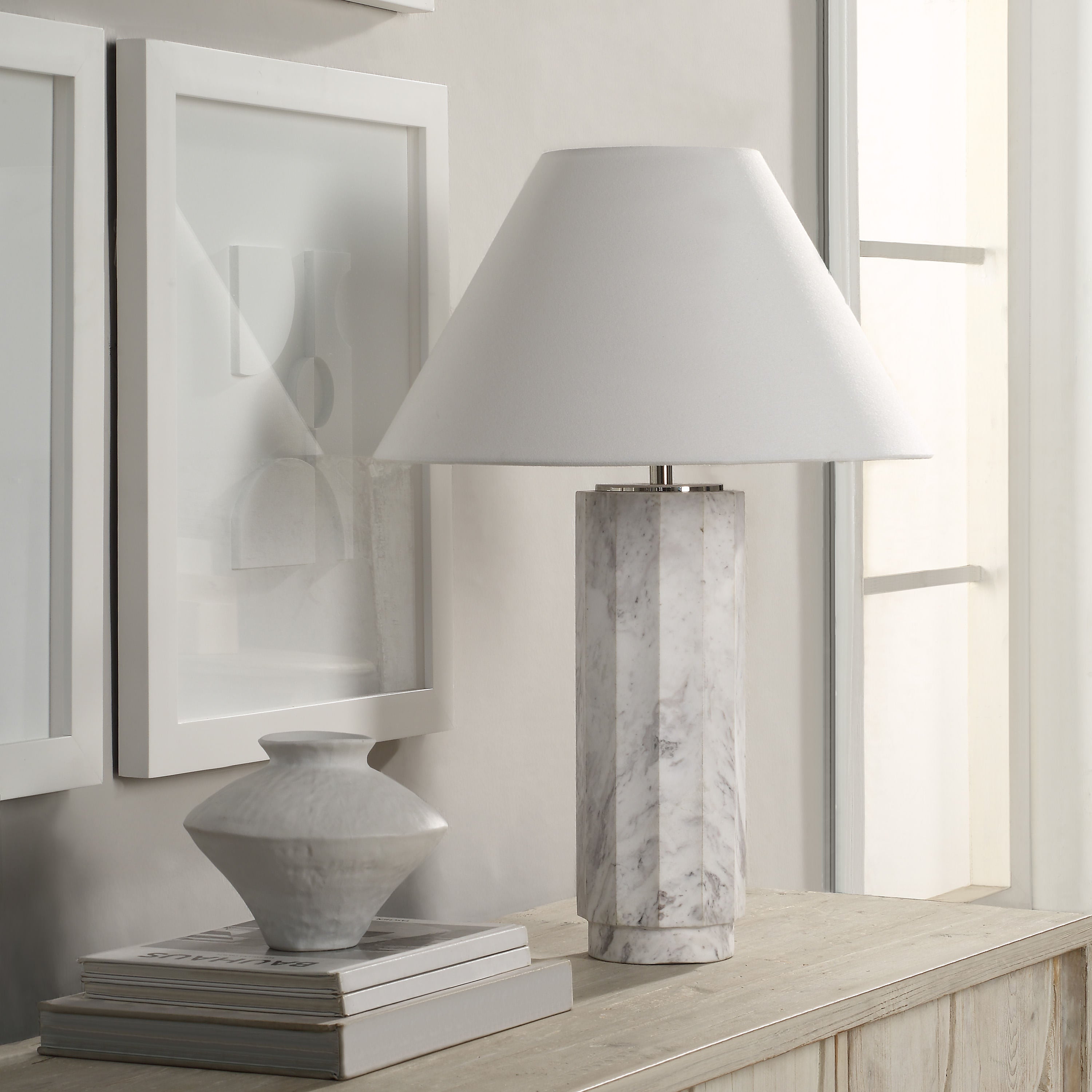 Veda table lamp by Renwil, volakas marble base, solid stone